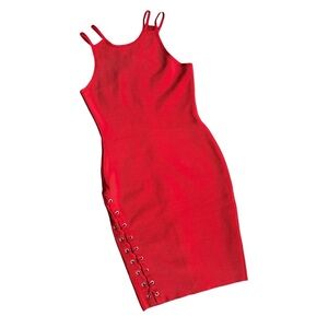 Red Bodycon Lace Side Midi Dress